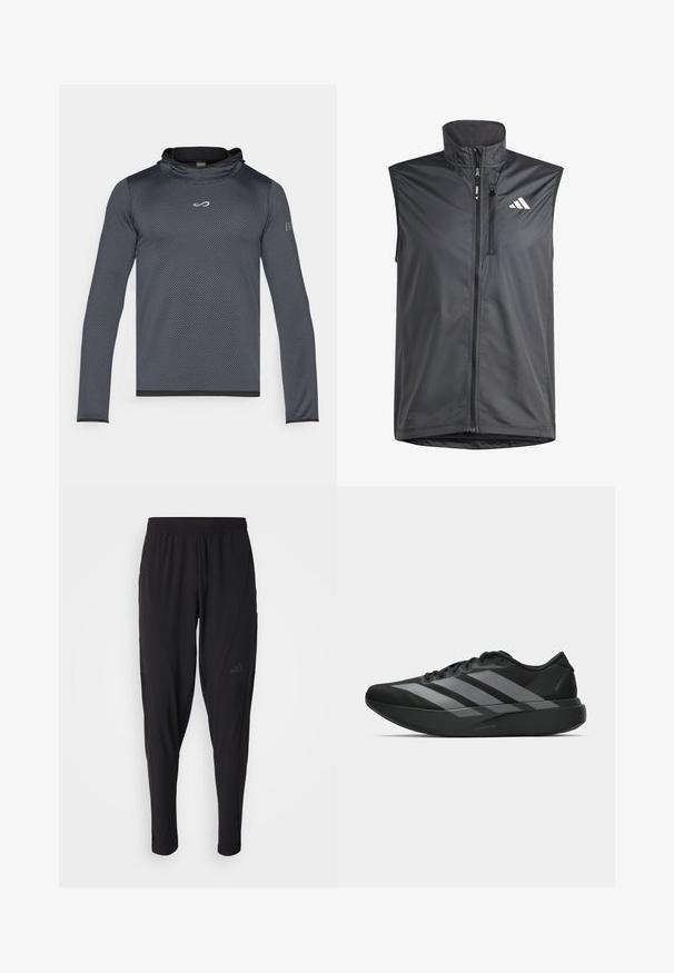 Sort ærmeløs vest lavet af letvægtsstof. Har en frontlynlås, høj krave og et lille logo på den øverste venstre side. Glat tekstur.; Endless HERO - Langærmet T-shirt - titanium; Sorte træningsbukser med elastisk talje, tætsiddende design, sidelommer og diskret logo-detail. Fremstillet af fleksibelt, åndbart stof.; Sorte atletiske sko med et let design, der har tre fremtrædende grå striber, en glat overflade og en formet sål.