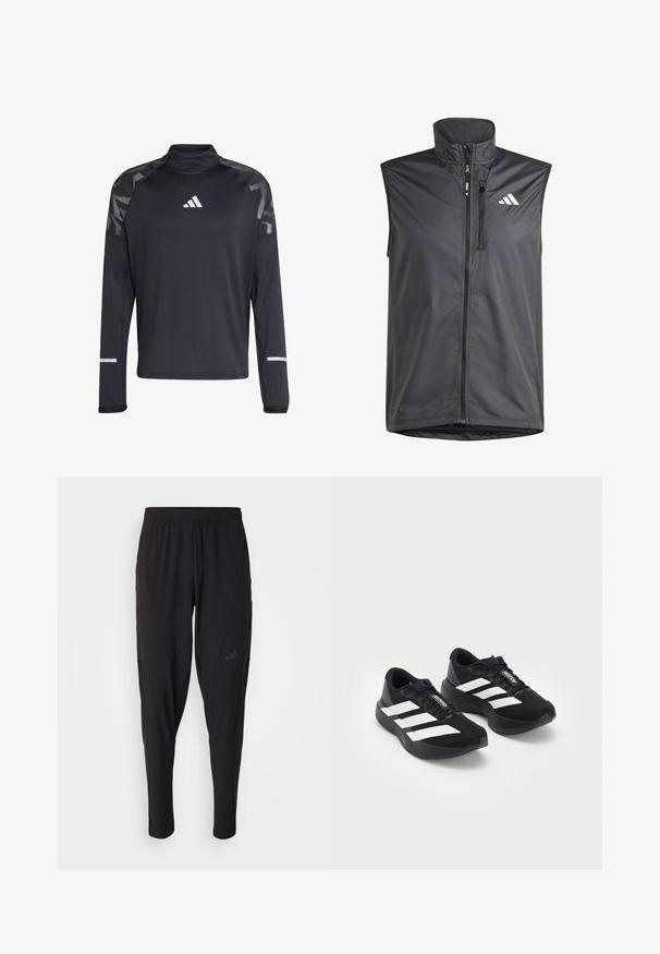 Schwarzes ärmelloses Oberteil aus leichtem Stoff. Verfügt über einen Frontreißverschluss, hohen Kragen und ein kleines Logo auf der oberen linken Seite. Glatte Textur.; Schwarzes langärmliges Sportshirt mit strukturierter Oberfläche, hohem Kragen, reflektierenden Akzenten sowie einem weißen Logo auf der Brust und den Ärmeln.; Schwarze Sporthosen mit elastischem Bund, tailliertem Design, Seitentaschen und dezenten Logo-Details. Hergestellt aus flexiblem, atmungsaktivem Material.; Ein Paar schwarze Adidas Adizero Laufschuhe mit weißen Streifen und Schnürsenkeln auf weißem Hintergrund, nebeneinander positioniert.
