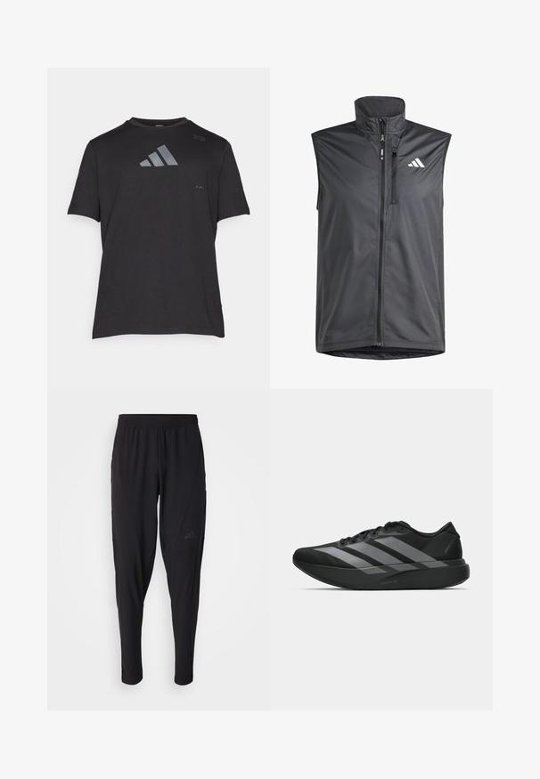 Black sleeveless vest made of lightweight fabric. Features front zip, high collar, and a small logo on the upper left side. Smooth texture.; Black short-sleeve T-shirt made of soft fabric. Features a reflective gray Adidas logo on the chest and minimalistic design details.; Black athletic pants with an elastic waistband, tapered design, side pockets, and subtle logo detail. Made from flexible, breathable fabric.; Black athletic shoes with a lightweight design, featuring three prominent gray stripes, a smooth texture, and a contoured sole.