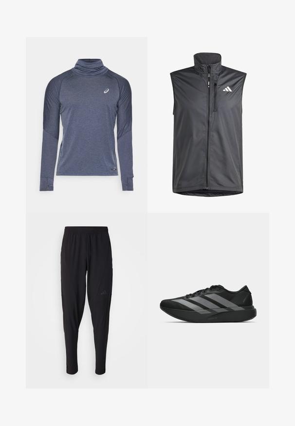 Juodas be rankovių liemenė, pagaminta iš lengvos medžiagos. Turi priekinį užtrauktuką, aukštą apykaklę ir mažą logotipą kairėje viršutinėje pusėje. Sklandi tekstūra.; ASICS METARUN HOODIE - Ilgarankovis viršutinės dalies drabužis - midnight; Juodos sportinės kelnės su elastinga juosmeniu, siaurėjantis dizainas, šoninės kišenės ir subtilus logotipo detalė. Pagamintos iš lankstaus, kvėpuojančio audinio.; Juodos sportinės avalynės, lengvos konstrukcijos, su trimis aiškiomis pilkomis juostomis, lygiu paviršiumi ir kontūrine padu.