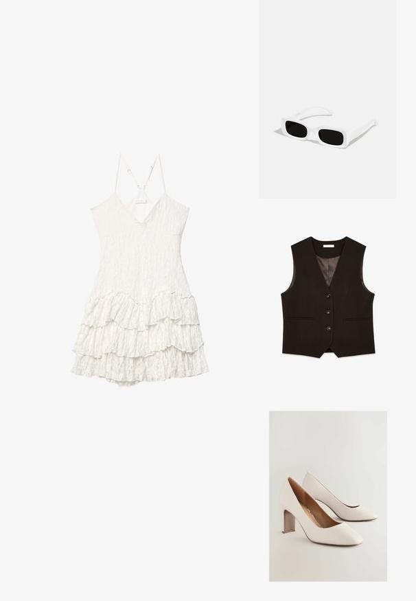 Brun skräddarsydd väst med V-ringning, sexknappig framkant, två fickor och satinfoder. Har en strukturerad passform och slät textur.; Vit ärmlös spetsklänning med V-ringning, justerbara tunna axelband och lager av volangdetalj.; Vita läderhögklackade skor med spetsig tå och robust klack. Texturerad yta med en slät insida.; Vita rektangulära solglasögon med svarta linser, med en matt yta och en slät textur. Bågarna är eleganta och något böjda.; Vit läderhandväska med en böjd form, justerbar rem och dragkedjestängning upptill. Slät textur med minimala hårdvarudetaljer.