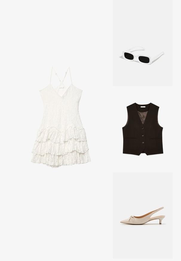 Rjav prilagojen brezrokavnik z V-izrezom, sprednjo z dvema vrstama gumbov, dvema žepoma in satinasto podlogo. Ima strukturirano prileganje in gladko teksturo.; Bela brezrokavna čipkasta obleka z V-izrezom, nastavljivimi tankimi naramnicami in podrobnostmi v obliki plastene krila.; Beige lakasta usnjena petna obuvala s koničastim prstom in dekorativno pentljo na zgornjem delu. Imajo nizko, vitko peto in gladko teksturo.; Bele sončne očala pravokotne oblike v bele barve z črnimi lečami, ki imajo mat površino in gladko teksturo. Nastavljivi ročaji so elegantni in nekoliko ukrivljeni.; Bela usnjena torbica z ukrivljeno obliko, nastavljivim pasom in zgornjim zadrgo zapiranjem. Gladka tekstura z minimalnimi kovinskimi detajli.