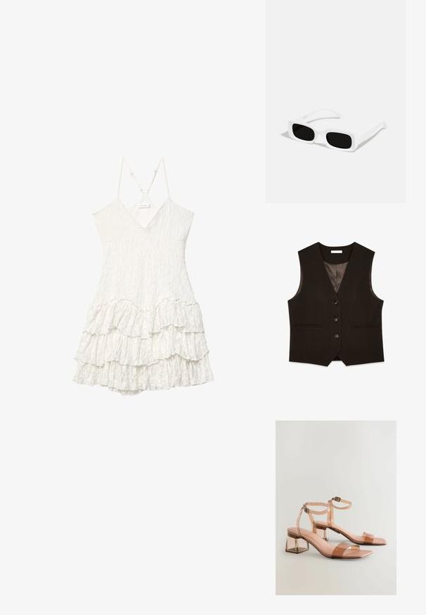 Brązowa kamizelka o dopasowanym kroju z dekoltem w kształcie litery V, sześcioma guzikami z przodu, dwiema kieszeniami i satynowym wykończeniem. Posiada strukturalny fason i gładką teksturę.; Biała koronkowa sukienka bez rękawów z dekoltem w kształcie V, regulowanymi cienkimi ramiączkami i warstwowym wykończeniem w falbanach.; Przezroczyste sandały na blokowym obcasie z cielistymi paskami, kwadratowymi czubkami i regulowanymi zapięciami na kostce; gładka tekstura i błyszczące wykończenie.; Białe prostokątne okulary przeciwsłoneczne z czarnymi soczewkami, o matowym wykończeniu i gładkiej teksturze. Ramiona są smukłe i lekko wygięte.; Biała skórzana torebka o zaokrąglonym kształcie, z regulowanym paskiem oraz zamknięciu na górze na zamek błyskawiczny. Gładka faktura z minimalną ilością detali hardware.