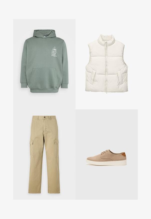 Lightweight, sleeveless puffer vest in a soft ivory color, featuring a high collar, front zipper, and two side pockets. Smooth, quilted texture.; Light green hoodie made of soft fabric. Features a front pocket, a drawstring hood, and printed text with a graphic design on the chest.; Beige cargo pants made of cotton, featuring two side pockets, a button closure, and straight legs with a slightly textured fabric.; Beige suede sneakers with a rounded toe, lace-up front, and a textured back accent. White rubber sole provides contrast. Simple and modern design.