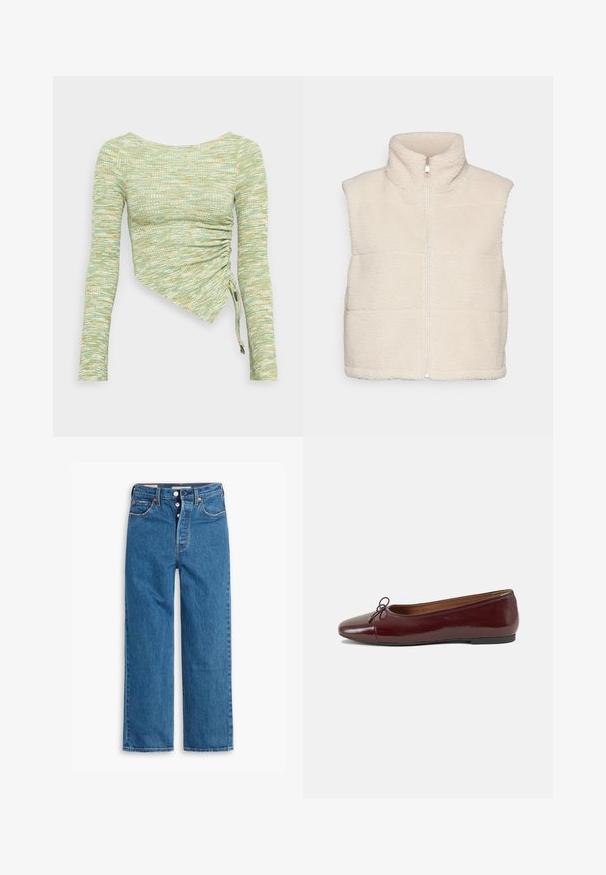 Cream-colored fleece vest with a high collar and front zipper, featuring a textured surface and contrasting stitching. Sleeveless design.; Long-sleeve top in textured mint green and yellow fabric, featuring an asymmetrical cut with side ruching and ties at the hem.; Blue denim straight-leg jeans with a high waist, five-pocket design, and button fly. Noticeable stitching and copper-tone rivets.; Burgundy patent leather ballet flat with a rounded toe, small bow accent at the front, and a low, black rubber sole. Smooth texture.