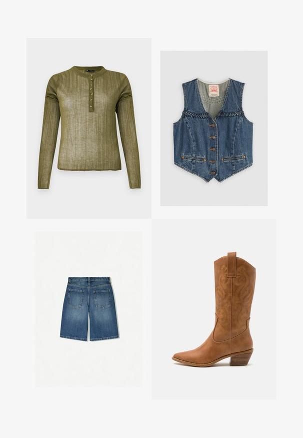 Denim vest met een V-halslijn, gevlochten details, zes metalen knopen en twee vo pockets. Blauwe kleur met oranje stiksels.; Olijfgroene, lange mouwen shirt met een ribbelstructuur, ronde halslijn en zeven knopen langs de stolp aan de voorkant.; Denim shorts in medium blue met een relaxte pasvorm, voorzien van twee achterzakken en een nette, rechte zoom. Klassiek vijfzakkenontwerp.; Tan leren cowboylaars met puntige neus, geborduurde spiraalpatronen op de schacht en een gestapelde blokhak. Voorzien van een trekband voor gemakkelijke aan- en uittrekken.