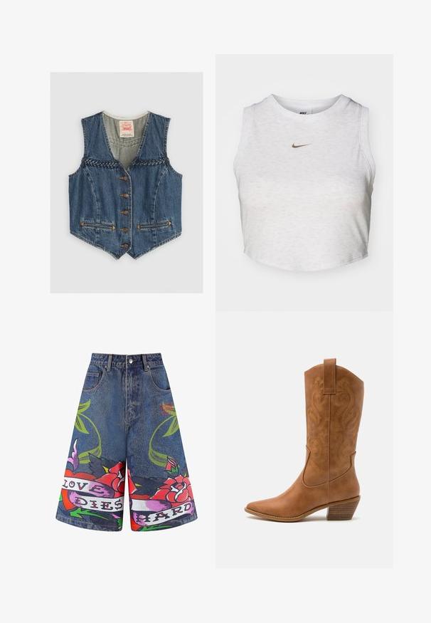 Farkkuliivi V-kaula-aukolla, punottu yksityiskohta, kuusi metallinappia ja kaksi etutaskua. Sininen väri, jossa oranssit ompelutukset.; Valkoinen lyhyt toppi, joka on valmistettu pehmeästä ja rakenteellisesta kankaasta. Siinä on pyöreä kaula-aukko ja hihaton muotoilu, ja etuosassa on pieni kultainen Nike-logo.; Farkkushortsit sinisessä pesussa, joissa on värikkäitä kukkakuviota. "LOVE DIES HARD" painettuna nauhaan. Varsiompelut ja etutaskut.; Ruskean nahkainen cowboy-saapas, jossa on terävä kärki, brodeeratut pyörteiset kuviot varressa ja kerroslohko korko. Varustettu nostonipulla helpottamaan pukemista.