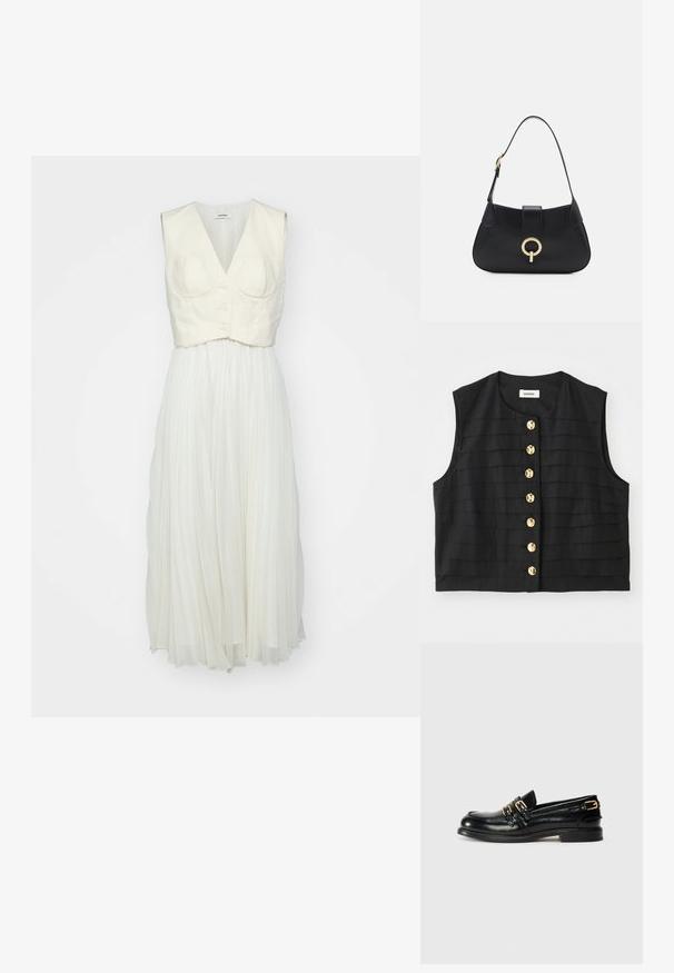 Must be ja mustriga ilma varrukateta tipp ringikaelusega, millel on kuldsed ümmargused nööbid esiküljel ja siledad kangad.; sandro ROBE - Päevakleit - ecru; Mustad nahast kingad läikiva pinna ja kahe kuldse kinnitusega, madala kanna olemasoluga. Sile tekstuur ja ümar varv.; Must musta nahkrahakott, millel on kaarjas siluett, lühike rihm, keskmise kullatooni metalldetail ja sile tekstuur. Pole nähtavaid mustreid ega lisandeid.