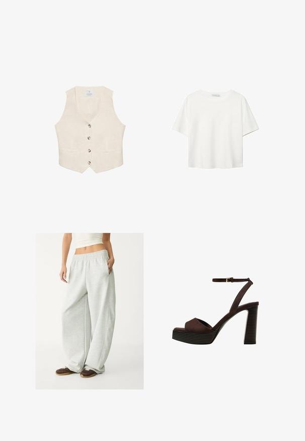 Krémová ľanová vesta s výstrihom do V, so šiestimi gombíkmi a dvoma prednými vreckami. Vesta má hladkú textúru a štruktúrovaný tvar.; Biela krátkopsová tričko vyrobené z bavlny. Má okrúhly výstrih a voľný strih. Hladká textúra bez viditeľných vzorov alebo akcentov.; Svetlo šedé tepláky s elastickým pásom, bočnými vreckami a voľným strihom. Vyrobené z mäkkej, textúrovanej látky; s jemnými švami.; Hnedé semišové sandále na vysokom podpätku s otvorenou špičkou, nastaviteľným členkovým remienkom a pruhovanou platformovou podrážkou.
