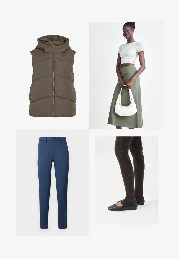 Prešívaná vesta tmavozelenej farby s kapucňou. Má horizontálne prešívané panely a predný zips na zapínanie. Mäkká, hladká textúra.; Námornícky a svetlo šedý pletený sveter s vlnovým vzorom, kvetinovým dizajnom v rúžovej a čiernej farbe, okrúhly výstrih, rebrované manžety a lem.; Modré bavlnené chinos nohavice so slim strihom, s gombíkovým zapínaním, pútkami na opasok a štandardnými vreckami, hladkou textúrou a čistými líniami.; Čierne ploché topánky s malou mašľou na špičke, v kombinácii s tmavohnedými rebrovanými pančuchami. Topánky majú hladký povrch a nízky profil.; Sivý pruhovaný crop top a olivovo zelená sukňa s vysokým pásom. Model drží bielu ramennú tašku s vyrezávanými detailmi. Jednoduchý dizajn, priliehavý strih.