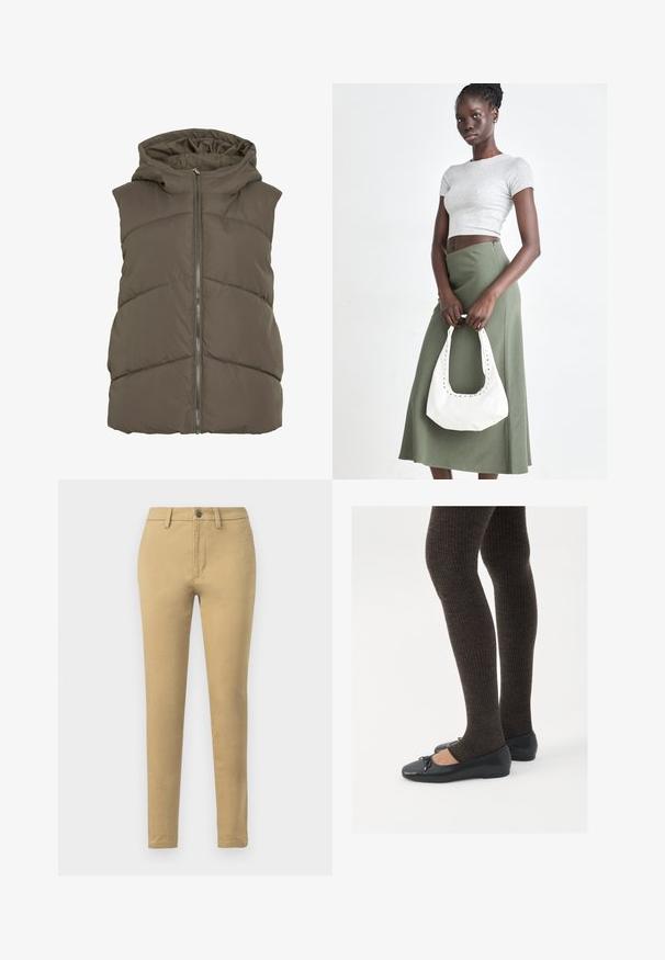 Vestă căptușită verde măsliniu închis, cu glugă. Prezintă panouri matlasate orizontale și închidere frontală cu fermoar. Textură moale și netedă.; Pulover tricotat bleumarin și gri deschis cu model în valuri, design floral în roz și negru, guler rotund, manșete și tiv cu nervuri.; Chino khaki realizat dintr-un material din amestec de bumbac, având un croi slim, curea, buzunare frontale și o închidere cu un singur nasture.; Pantofi negri cu un detaliu mic de fundiță la vârf, asortați cu colanți maro închis, cu textură ondulată. Pantofii au o textură netedă și un profil joase.; Crop top griș cu dungi și fustă verde măsliniu cu talie înaltă. Modelul ține o geantă albă de umăr cu detalii tăiate. Design simplu, siluetă ajustată.