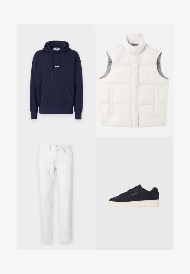 Világosszürke puffervest, magas gallérral, ujjatlan dizájnnal, függőleges varrással és két oldalsó zsebbel. Puha szövettextúra.; Tengerészkék kapucnis pulóver elülső zsebbel, húzózsinórral ellátott kapucnival, és fehér "MSGM" logóval a mellen. Puha anyag, bordás mandzsettákkal és szegéllyel.; Fehér, egyenes lábú farmernadrág, öt zsebbel, gombos záródással és klasszikus illeszkedéssel, minimális textúrával.; Sötétkék velúr, alacsony szárú teniszcipő fehér talppal, sötétkék fűzőkkel és arany színű "Filling Pieces" logóval az oldalán.