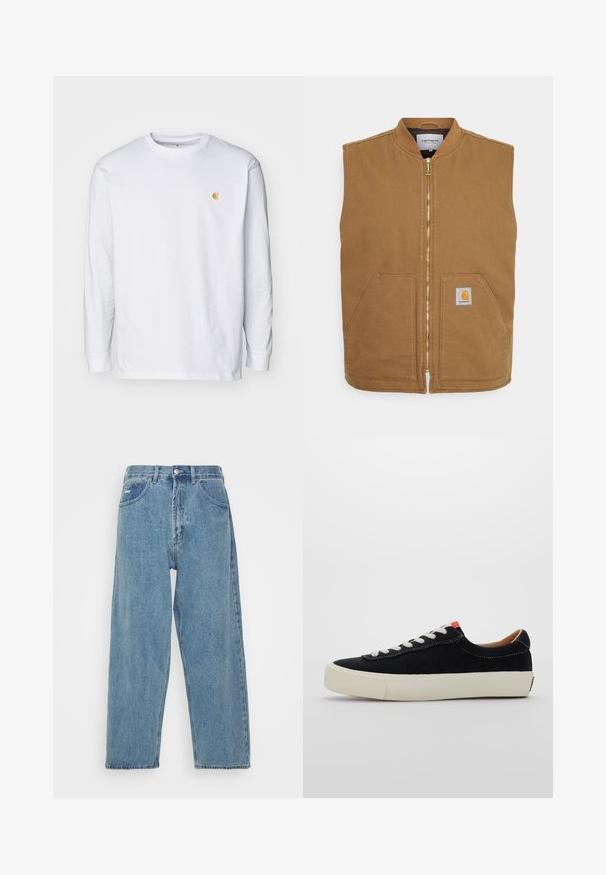 Barna ujjatlan mellény, tartós anyagból készült, elöl cipzárral, két elülső zsebbel és egy kis logóval a bal alsó részen.; Fehér hosszúujjú póló, 100% pamutból készült. A mellkason egy kis arany logó található, és kerek nyakkivágással rendelkezik. Egyszerű dizájn és standard szabás jellemzi.; Világoskék farmernadrág, magas derekú, laza szabású, két elülső zsebbel, egy hátsó folttal, és gombos záródással.; Fekete vászon sportcipő fehér fűzőkkel, bézs gumitalppal és piros akcentussal a sarkán. Lekerekített orr és minimális varrási részletek.