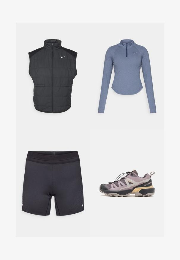 Sort puffer vest med høj krave, lynlås foran og sidelommer. Har et Nike-logo på venstre bryst og en quiltet overflade.; Langærmet, lynlåset atletisk top i et meleret blåt stof med en mock krave og en subtil Nike-logo på venstre bryst.; Sorte atletiske shorts lavet af strækbart stof med en glat tekstur, der har en forstærket talje og et hvidt logo på siden.; Lyse lilla vandresko med mesh-overdel og gummitåhætte, der har et hurtiglukkesystem og Contagrip-sål for bedre greb.