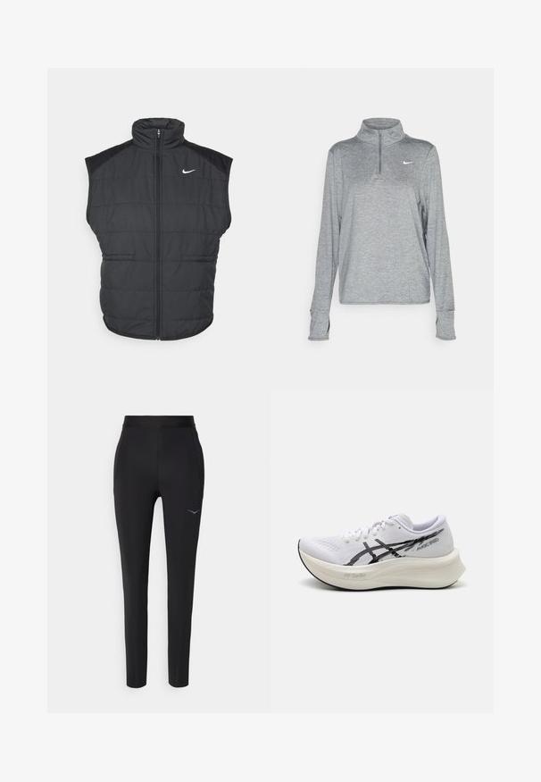 Schwarze Steppweste mit hohem Kragen, Reißverschluss vorne und Seitentaschen. Enthält ein Nike-Logo auf der linken Brust und eine gesteppten Textur.; Nike Performance SWIFT - Langarmshirt - smoke grey; Schwarze Sporthose aus dehnbarem Stoff, mit einem figurbetonten Design, elastischem Bund und einem dezenten Logo-Detail in der Nähe der Hüfte.; ASICS MAGIC SPEED - Laufschuh Straße - white/black