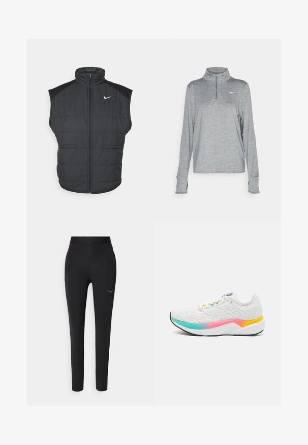 Gilet imbottito nero con colletto alto, chiusura con zip e tasche laterali. Presenta il logo Nike sul lato sinistro del petto e una texture trapuntata.; Nike Performance SWIFT - Maglietta a manica lunga - smoke grey; Pantaloni sportivi neri realizzati in tessuto elasticizzato, con un design aderente, vita elasticizzata e un discreto logo vicino all'anca.; Scarpa da ginnastica bianca con tessuto testurizzato, accenti gradiente colorati in rosa, turchese e giallo, e un design di suola supportiva.