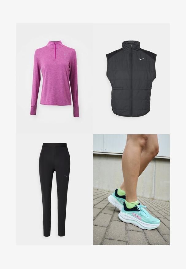 Zwarte puffer gilet met een hoge kraag, ritssluiting aan de voorkant en zijzakken. Beschikt over een Nike-logo op de linkerborst en een gequilt textuur.; Roze lange mouw sporttop met een halve rits, gemaakt van een gestructureerde stof. Bevat een reflecterend logo op de borst en duimgaten in de manchetten.; Zwarte sportbroek gemaakt van rekbaar materiaal, met een aansluitend ontwerp, elastische tailleband en een subtiele logo-detail nabij de heup.; HOKA-sneakers in lichtblauw met donkerblauwe accenten en een roze logo; bovenwerk van mesh en dikke witte zool; gecombineerd met felgroene sokken.