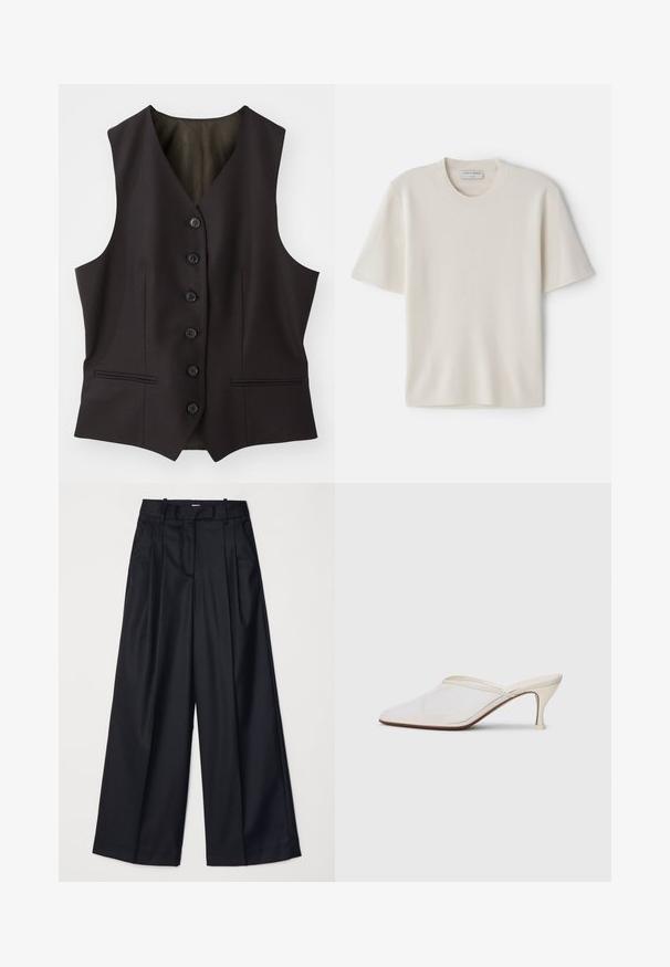 Mørkebrun ærmeløs vest med V-udskæring, seks knaplukninger og to sidelommer. Lavet af glat stof med et klassisk skræddersyet design.; Cremefarvet T-shirt med korte ærmer og rund halsudskæring, lavet af blødt materiale, med lige snit og minimal detaljering.; Sorte breddebenede bukser lavet af glat stof, med høj talje, læg og skræddersyet design. Enkel sort hardware i talje.; Hvide mesh spidse mule-sko med en slank hæl i mellem højde og slip-on design mod en ensfarvet baggrund.