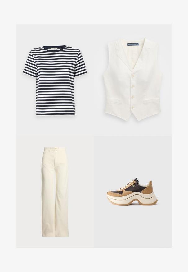 Balts lina vests ar pieguļošu dizainu, kuram ir izgriezts apkakle, piecu pogu aizdare un divas priekšējās kabatas. Vienkārša tekstūra, bez rakstiem.; Jūras spēku un baltajās svītrās kokvilnas T-krekls ar apaļu dekoltē un īsām piedurknēm, kas izceļas ar mazu izšūtu logo uz krūtīm.; Polo Ralph Lauren COTTON CORDUROY WIDE-LEG PANT - Auduma bikses - warm white; Biezie chunky zābaki ar tumši brūni akcentiem, zamšādas detaļām, baltām šņorēm un nelielu zelta MK piekariņu sānos.