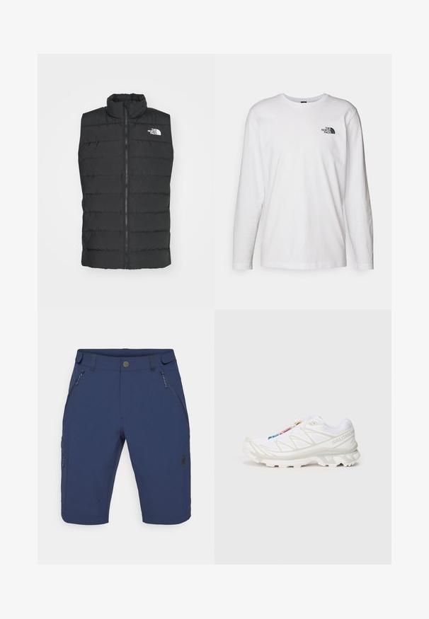 Black padded vest with high collar, zip closure, quilted design, and signature logo on the chest, showcasing a smooth, matte texture.; White long-sleeve T-shirt made of cotton with a crew neck. Features a small black logo on the chest. Smooth texture, regular fit.; Mammut RUNBOLD MEN - Outdoor shorts - marine; White athletic shoe with textured mesh upper, reflective accents, and a cushioned sole. Notable brand logo on the side.