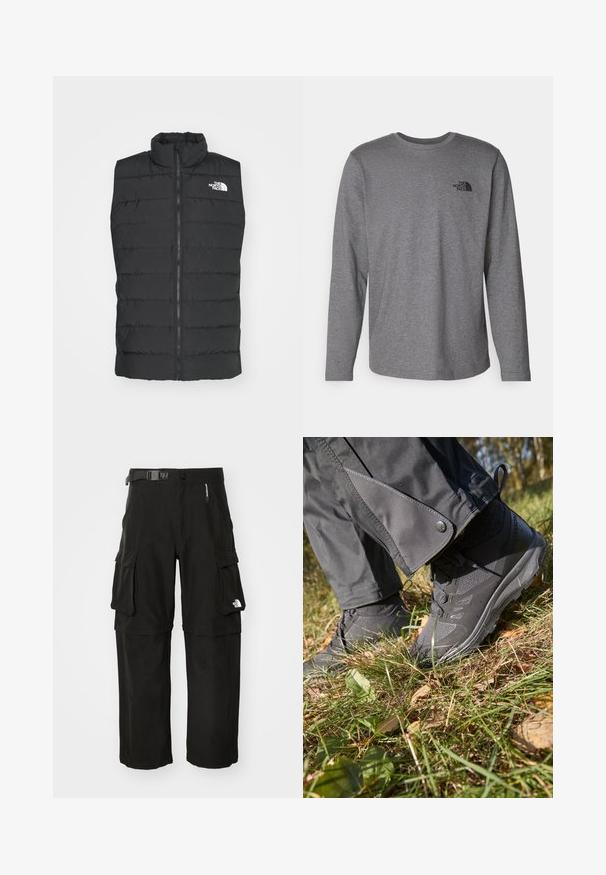 Sort polstret vest med høj krave, lynlås lukning, kviltet design og signaturlogo på brystet, der fremviser en glat, mat overflade.; The North Face M L/S SIMPLE DOME TEE - Langærmet T-shirt - medium grey heather; Sorte cargo-bukser lavet af slidstærkt stof, med flere lommer, et bælte, og et logo på den nederste del af benet. Lige snit med en glat tekstur.; Sorte vandtætte vandresko med tekstureret stof og gummisåler, sammen med grå bukser med trykknapdetalje, sat på græsset med blade.