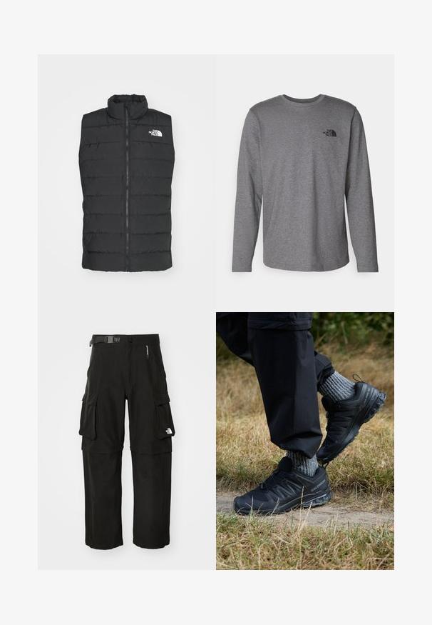 Zwarte gewatteerde gilet met hoge kraag, ritssluiting, doorgestikt ontwerp en handtekeninglogo op de borst, met een soepele, matte textuur.; The North Face M L/S SIMPLE DOME TEE - Longsleeve - medium grey heather; Zwarte cargo broek van duurzaam materiaal, voorzien van meerdere zakken, een riem en een logo op het onderbeen. Rechte snit met een gladde textuur.; Zwarte sportieve schoenen met een gestructureerde mesh bovenkant, rubberen zool en een opvallend vetersysteem. Gecombineerd met grijze gebreide sokken en zwarte broek.