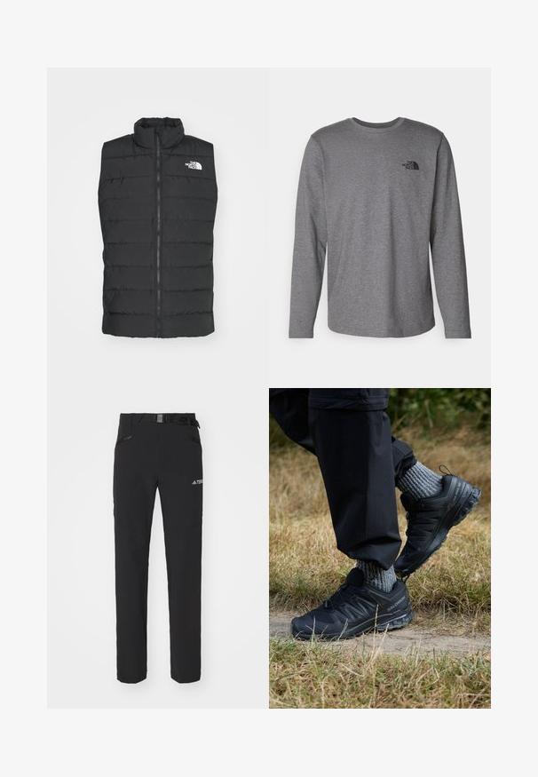 Gilet imbottito nero con colletto alto, chiusura a zip, design trapuntato e logo distintivo sul petto, che mostra una texture liscia e opaca.; The North Face M L/S SIMPLE DOME TEE - Maglietta a manica lunga - medium grey heather; Pantaloni outdoor neri con tessuto liscio, tasche laterali con zip, sezioni delle ginocchia rinforzate e una cintura regolabile con fibbia.; Scarpe da ginnastica nere con tomaia in rete testurizzata, suola in gomma e un sistema di allacciatura prominente. Abbinato a calze in maglia grigie e pantaloni neri.