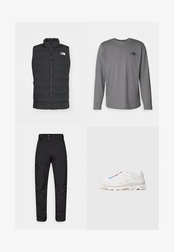 Black padded vest with high collar, zip closure, quilted design, and signature logo on the chest, showcasing a smooth, matte texture.; The North Face M L/S SIMPLE DOME TEE - Long sleeved top - medium grey heather; Black outdoor pants made from a durable, lightweight material. Features a zippered pocket on the left thigh and a two-button waistband.; White athletic shoe with textured mesh upper, reflective accents, and a cushioned sole. Notable brand logo on the side.