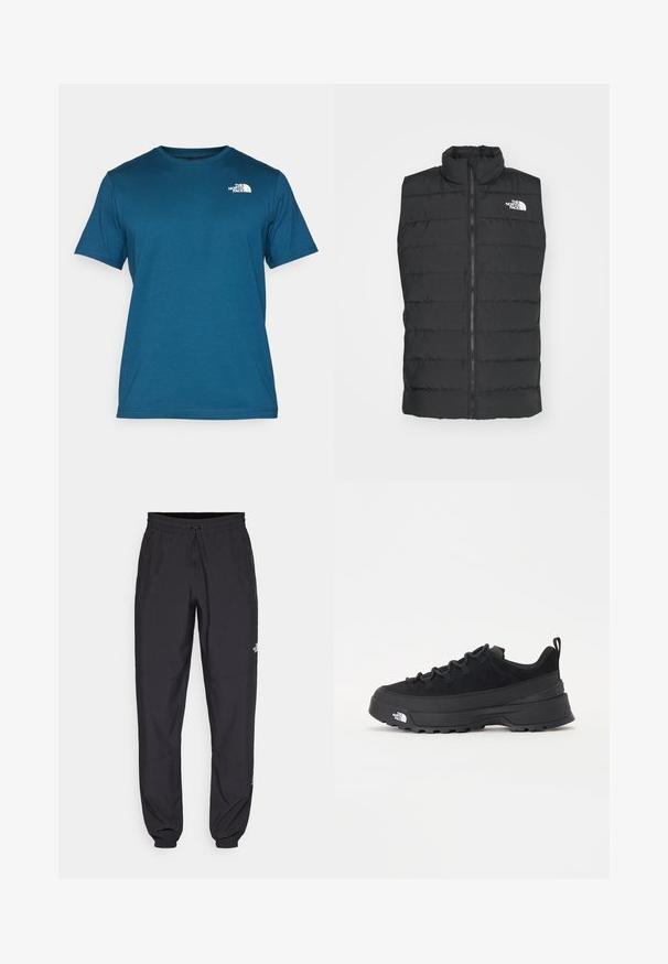 Svart vadderad väst med hög krage, dragkedjestängning, quiltat mönster och signaturlogotyp på bröstet, som visar en slät, matt yta.; The North Face M SS BOX NSE TEE - T-shirt med print - midnight petrol/red; Svarta träningsbyxor tillverkade av lättviktsmaterial, med dragsko i midjan, sidofickor och avsmalnande muddar vid anklarna.; Svart utomhussko med ovandel i mocka, texturerad gummisula och robust snörningssystem. Har en förstärkt häl och varumärkeslogotyp på sidan.