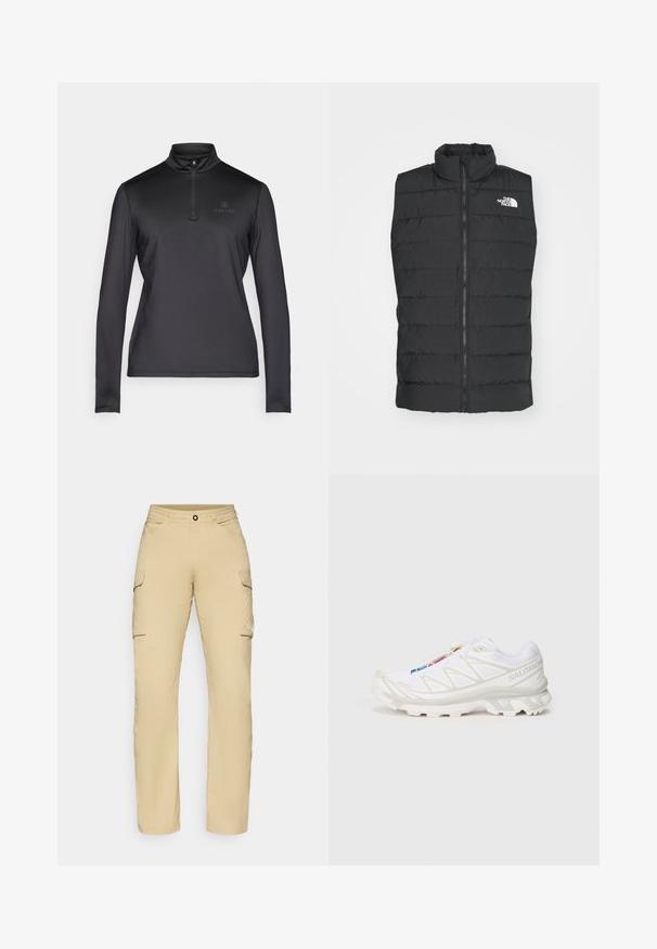 Gilet imbottito nero con colletto alto, chiusura a zip, design trapuntato e logo distintivo sul petto, che mostra una texture liscia e opaca.; Pullover nero a maniche lunghe con colletto a mezza zip. Realizzato in tessuto leggero e liscio. Presenta un logo discreto sul petto in alto a sinistra.; Pantaloni cargo beige a gamba dritta, con due tasche laterali, chiusura a bottone e dettaglio logo sulla coscia. Tessuto leggero.; Scarpa da ginnastica bianca con tomaia in rete testurizzata, dettagli riflettenti e suola ammortizzata. Logo del marchio ben visibile sul lato.