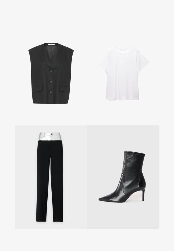 Vest negru fără mâneci cu decolteu în V, cinci nasturi și două buzunare frontale. Materialul are o textură subtilă și un design tailored.; Tricou alb dintr-un material moale și ușor. Prezintă un decolteu rotund și mâneci scurte, largi, cu un croi lejer. Fără modele vizibile.; Pantaloni negri cu o curea strălucitoare din silver. Au sistem de închidere cu nasture și patru buzunare, cu o croială ajustată și un design cu picior drept.; Bocanci negri până la gleznă, din piele netedă, cu vârf ascuțit, arbore ajustat și toc subțire înalt. Design minimalist, fără hardware vizibil.