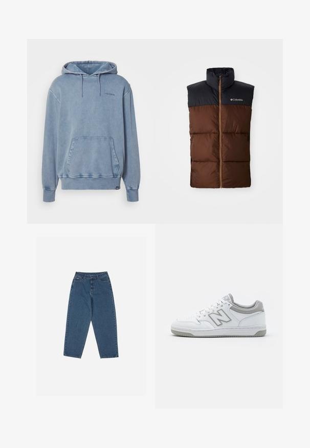 Καφέ γιλέκο με ύψιστο γιακά, σκούρα μπλε τμήμα στους ώμους, μπροστινό κλείσιμο με φερμουάρ και καπιτονέ υφή σε όλο το σώμα. Παρόν το λογότυπο της Columbia.; Ανοιχτό μπλε φούτερ από μαλακό ύφασμα, διαθέτει μπροστινή τσέπη, κουκούλα με κορδόνι και διακριτό λογότυπο στο στήθος. Χαλαρή γραμμή.; Μπλε τζιν παντελόνια με χαλαρή γραμμή, ψηλή μέση, πενταθ-pocket σχέδιο και ραφές λεπτομέρειες. Διαθέτει κούμπωμα με κουμπί και φερμουάρ.; Λευκά δερμάτινα αθλητικά παπούτσια με γκρίζες λεπτομέρειες, που διαθέτουν τρυπητό μπροστινό μέρος, επίπεδες κορδόνια και μοτίβο στη σόλα. Λογότυπο New Balance στο πλάι.