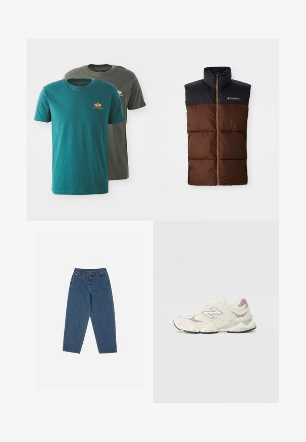 Rudas pūkinis liemenė su aukštu apykakle, tamsiai mėlyna pečių dalis, užtrauktuko priekinis uždarymas ir siuvinėta tekstūra per visą kūną. Yra "Columbia" logotipas.; Duobių trumpomis rankovėmis marškinėliai: vieni žali su oranžiniu logotipu, o kiti alyvuogių žali su baltu logotipu. Abu turi standartinį apvalų kaklą ir minkštą medžiagą.; Mėlyni džinsai su laisvu siluetu, aukštu juosmeniu, penkių kišenių dizainu ir siuvinio akcentais. Su mygtuku ir užtrauktuku.; Balti ir šviesiai pilki sportiniai sneakeriai, turintys tinklinį ir sintetinį viršų, paminkštintą apykaklę, tekstūruotus akcentus ir storą gumos pado sluoksnį.