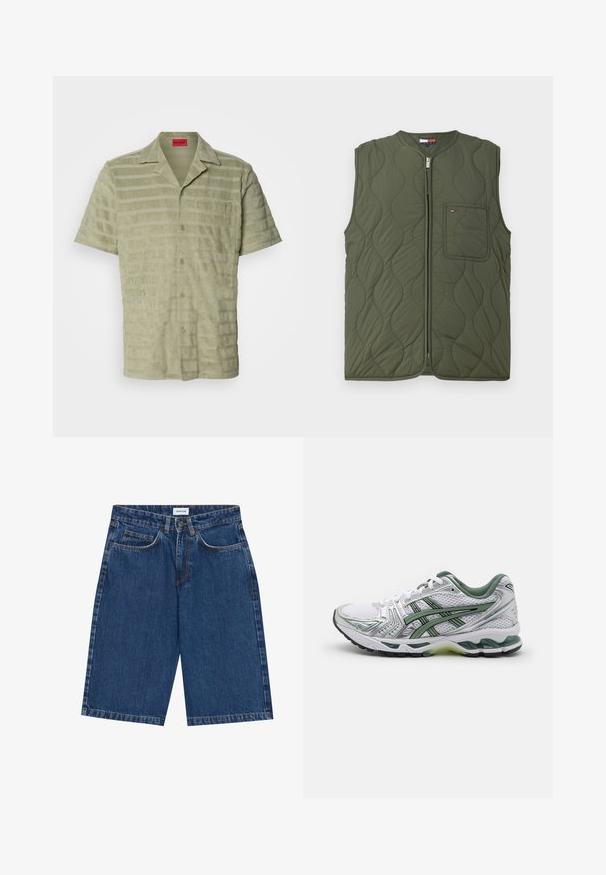 Izšūts zaļš veste ar augstu kakla līniju un priekšējo rāvējslēdzēju. Iespējama viena krūšu kabata un gluda struktūra.; Īsām piedurkņu krekls gaiši zaļā krāsā, ar teksturētu audumu un maiņām horizontālajām svītrām, pogu aizdare un krūšu kabata ar logo detaļu.; Balta īsām piedurknēm T-kreksa, kas izgatavota no kokvilnas. Iezīmē klasisku apkakli un brīvu piegriezumu ar gludu tekstūru. Nav rakstu vai akcentu.; Tumsā zila džinsa īsie šorti ar piecu kabatu dizainu, taisnu griezumu un redzamām šuvēm. Gluda tekstūra un vidēja augstuma josta.; Baltas skriešanas apavs ar sudraba akcentiem, zaļu sieta apkakli un zaļām svītrām. Iezīmēts ar teksturētu sieta augšdaļu un mīkstu zoli.