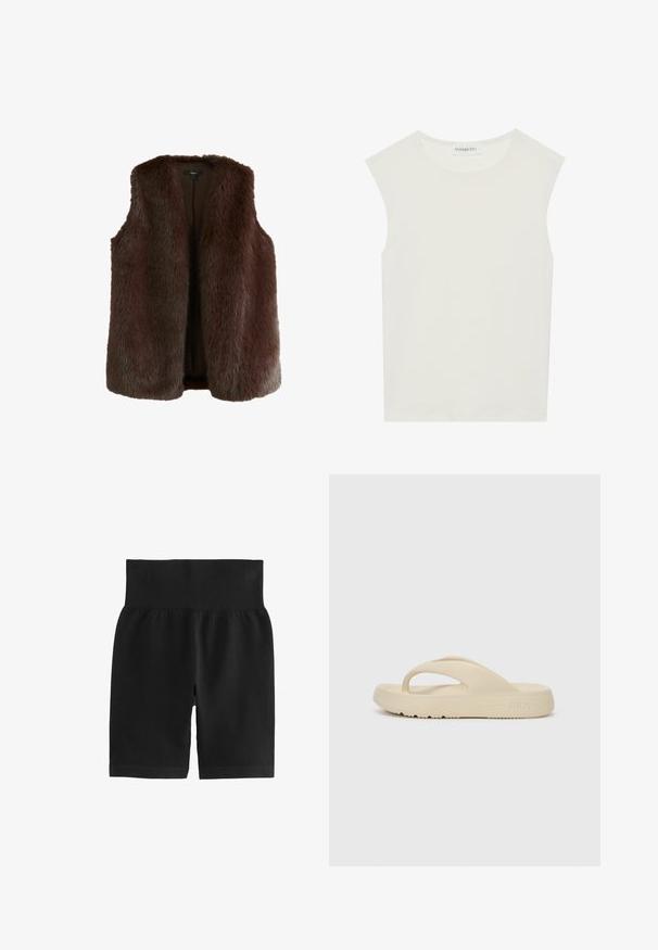 Bruine nep bont vest met een plush textuur, open voorkant en zonder knopen. Beschikt over een zachte voering en een zachte kraag.; Witte mouwloze top met een ronde halslijn. Gemaakt van gladde stof, het heeft een losse pasvorm en een minimalistisch ontwerp. Geen patronen of accenten.; Zwarte geribbelde shorts met een brede elastische tailleband, gladde textuur en een aansluitend ontwerp. Het materiaal is rekbaar voor bewegingsgemak.; Beige flip-flop sandaal gemaakt van rubber, met een enkele teenpost en een dikke zool met een profiel. Gemarkeerd met het Fila-logo.