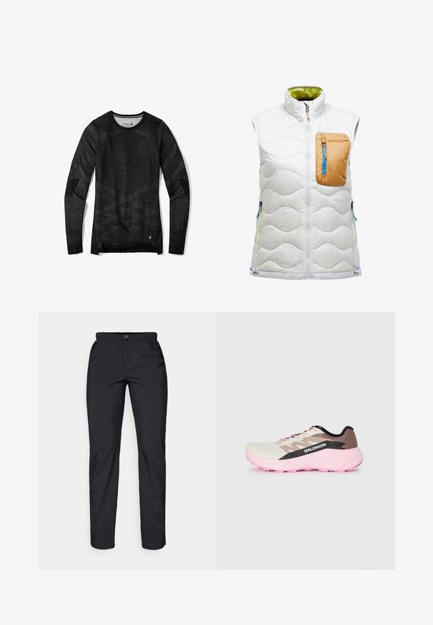 Weiß gesteppte ärmellose Weste mit hohem Kragen, ausgestattet mit einer braunen Reißverschlusstasche auf der Brust und blauen Reißverschlusstaschen an den Seiten.; Langärmliges schwarzes Shirt aus strukturiertem Material, mit Rundhalsausschnitt, gemustertem Stoff und verstärkten Ellbogenpatches.; Schwarze, leichte, wasserabweisende Hose mit elastischem Bund und zwei Seitentaschen; glatte Textur; gerade Beinform.; Leichter Laufschuh in Weiß, Braun und Pink. Mit einem atmungsaktiven Obermaterial, strukturierten grauen Akzenten und einer pinken Gummisohle.