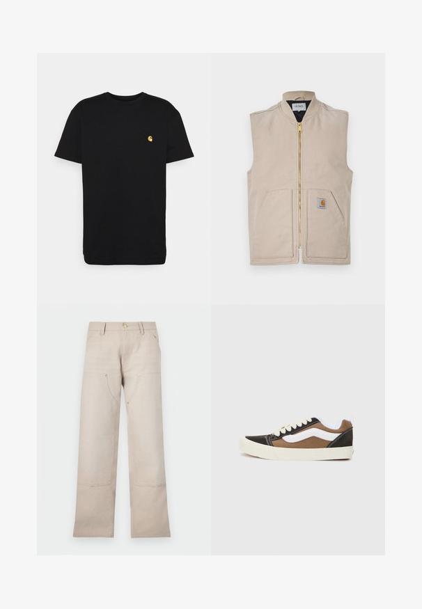Beež vest kõrge kaelusega, ees tõmblukk, kaks suurt taskut ja väike logo plaastriga vasakul küljel. Valmistatud vastupidavast kangast.; Must must tee, lühikeste varrukatega, ümar kaelus ja vasakul rinnal väike kollane logo. Lihtne disain ja regulaarne istuvus.; Beige puuvillased püksid otse lõikega, millel on kaks esikäe taskut ja kaks lukuga dekoratsiooni. Kuldse tooni detailid.; Mustmust mustad mustade ja pruunide tossude sissevienud valged aktsendid, kanvasmaterjal, madal disain, ümmargune nina ja beež kummitald. Omab kontrastset õmblust.