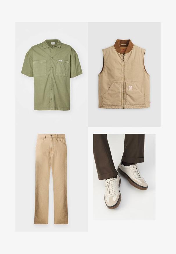 Beige mouwloze zip-up vest met een bruin geribbeld kraag en twee voorzakken, voorzien van een klein label op de rechterzak.; Olijfgroen overhemd met korte mouwen, gemaakt van katoen, met een kraag, twee frontzakken en een knoopsluiting.; Beige katoenen T-shirt met een ronde hals en korte mouwen. Bevat een subtiel 'Levi's' logo in dezelfde kleur op de borst. Zachte textuur.; Beige katoenen broek met recht model, voorzakken en een knoopsluiting. Gladde textuur, minimale stikdetails.; Beige sneakers met een leren voorkant van textuur-suède, gladde leren zijkanten en een bruine rubberen zool. Veters en lichte stikseldetails inbegrepen.