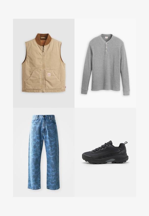 Harmaa ilmanhihoitus, jossa on ruskea ribbikolar ja kaksi etutaskua, jossa on pieni lapu varustuksella oikeassa taskussa.; Harmaa pitkähihainen henley-paita, joka on valmistettu ribbimäisestä kankaasta. Paidan etuosassa on kolme nappia ja pyöreä kaula-aukko, ja se on hieman muotoiltu.; Vaaleansiniset farkut, joissa on hienovarainen sävysuunniteltu kukkakuvio, leveät lahkeet, viisi taskua ja napitus vyötäröllä.; Mustat trail running -kengät, joissa on teksturoitu verkkomateriaali, vahvistettu kuminen varvasosa ja kestävä pohja. Heijastavat yksityiskohdat ja tukevan kantapään muotoilu.