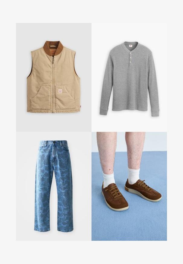 Bežinė be rankovių jurkšnelė su rudu banguotu apykakle ir dviem priekinėm kišenėm, su mažyte emblema dešinėje kišenėje.; Pilkos spalvos ilgo rankovėmis henley marškiniai, pagaminti iš banguoto audinio, su trimis mygtukais priekyje ir apvalia iškirpte, šiek tiek prigludusios formos.; Šviesiai mėlyni džinsai su subtiliu toniniu gėlių raštu, plačiomis kojomis, penkiais kišeniais ir užsegimu prie juosmens.; Rudos sportbačiai, pagaminti iš zomšos ir odos, su guminėmis padais, apvalia forma ir šešiais raišteliais, atitinkančiais rudą spalvą.