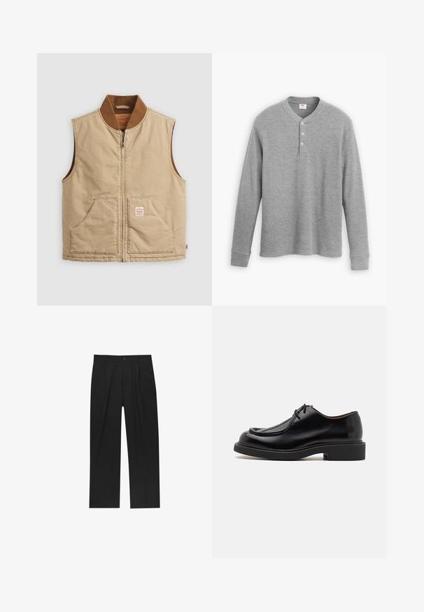 Bež prsluk bez rukava s raširenim zatvaračem, smešani ovratnik u smešnim tonovima i dva prednja džepa, s malom oznakom na desnom džepu.; Siva dugmasta majica dugih rukava henley, izrađena od rebraste tkanine, sa trodijelnim dugmetom i okruglim izrezom, blago prilagođenog kroja.; Crne hlače ravnog kroja, izrađene od glatkog materijala. Imaju prednje nabore i jedan dugme na struku.; Crna kožna cipela s okruglim nosom, šivenim detaljima, minimalnim vezicama i debelim gumiranim potplatom za prianjanje i izdržljivost.