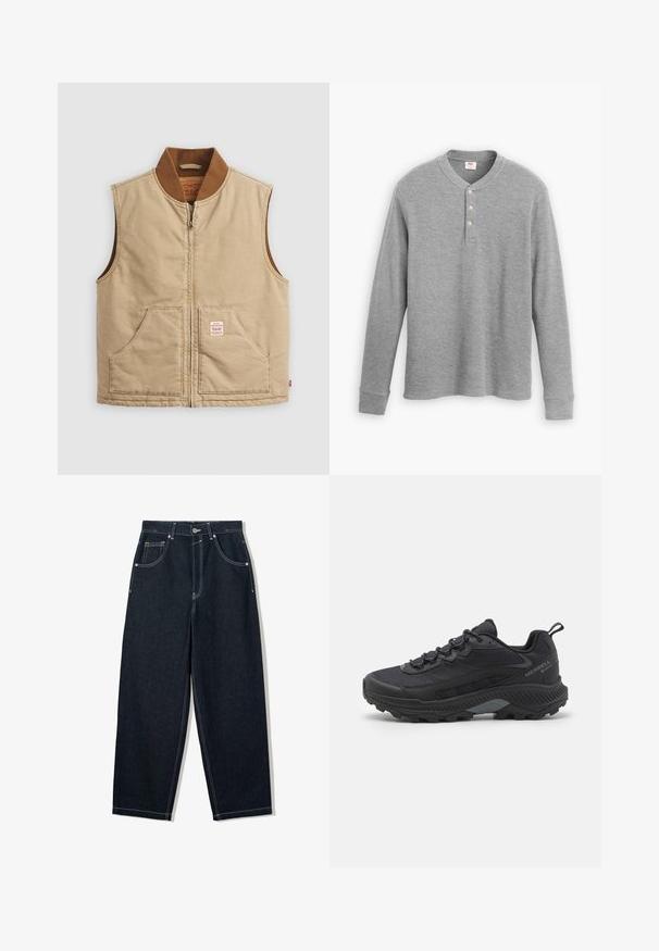 Gilet senza maniche color beige con collo a costine marrone e due tasche frontali, caratterizzato da un piccolo etichetta patch sulla tasca destra.; Maglietta henley grigia a maniche lunghe in tessuto a coste, con una patta a tre bottoni e uno scollo rotondo, con una forma leggermente aderente.; Jeans in denim scuro a gamba larga con cuciture bianche a contrasto, cinque tasche e chiusura con bottone. Presentano un design a vita alta.; Scarpa da trail running nera con tomaia in rete testurizzata, punta rinforzata in gomma e suola robusta. Accenti riflettenti e design del tallone che offre supporto.