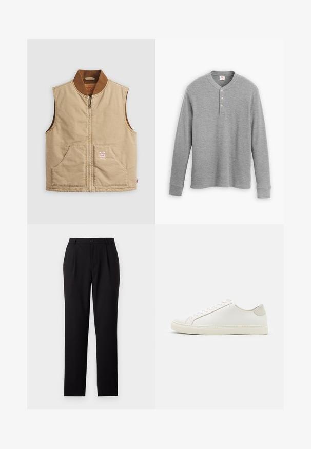 Beige ujjatlan cipzáras mellény barna bordás gallérral és két elülső zsebbel, a jobb zseben egy kis folt címkével.; Szürke, hosszú ujjú henley póló bordás anyagból, három gombos nyakkivágással és enyhén testhez simuló fazonnal.; Fekete elegáns nadrág, egyenes szabású kialakítással, sima anyagból készült. Elülső plisszírozott részletekkel és gombos derékzárral rendelkezik.; Fehér bőr sneaker sima felülettel, kerek orral és minimalista dizájnnal. Bézs kiemelésekkel a sarokon és gumitalppal rendelkezik.