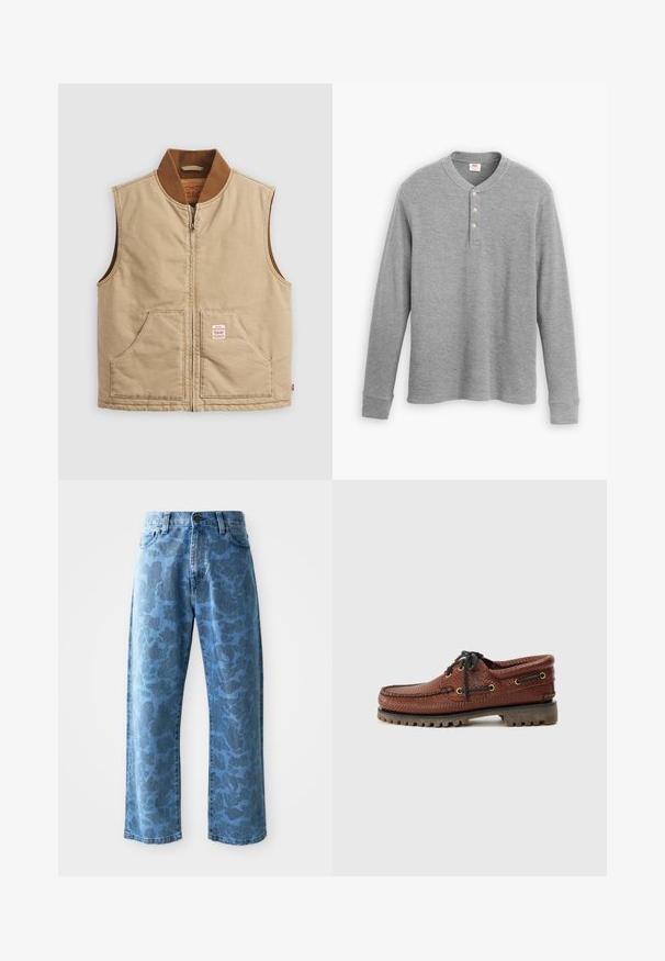 Beige sleeveless zip-up vest with brown ribbed collar and two front pockets, featuring a small patch label on the right pocket.; Gray long-sleeve henley shirt made of ribbed fabric, featuring a three-button placket and a round neckline with a slightly fitted shape.; Light blue denim jeans with a subtle tonal floral pattern, wide-leg cut, five-pocket design, and a button closure at the waistband.; Brown leather boat shoe with textured upper, black lace-up closure, and gold eyelets. Features a durable, ridged rubber sole.