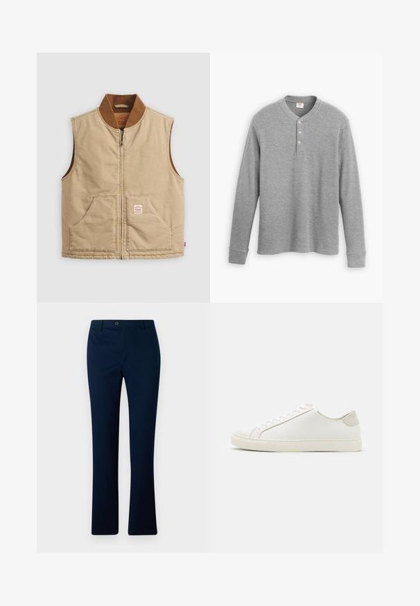 Harmaa ilmanhihoitus, jossa on ruskea ribbikolar ja kaksi etutaskua, jossa on pieni lapu varustuksella oikeassa taskussa.; Harmaa pitkähihainen henley-paita, joka on valmistettu ribbimäisestä kankaasta. Paidan etuosassa on kolme nappia ja pyöreä kaula-aukko, ja se on hieman muotoiltu.; Tummansiniset suorat housut, joissa on yksi etupainike ja vyölenkit, valmistettu sileästä kudotusta kankaasta.; Valkoinen nahkakengät, joissa on sileä pinta, pyöreä kärki ja minimalistiinen muotoilu. Varressa beige-yksityiskohtia ja kumipohja.