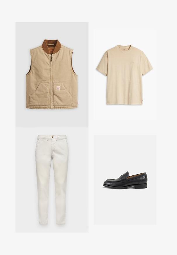 Vesta bej fără mâneci, cu fermoar, având guler ribbed maro și două buzunare în față, cu un mic patch cu etichetă pe buzunarul din dreapta.; Tricou din bumbac bej cu guler rotund și mâneci scurte. Prezintă un logo discret "Levi's" în aceeași culoare pe piept. Textură moale.; Pantaloni din bumbac bej cu o croială slim, dotati cu închidere cu nasture, buzunare laterale și o textură netedă. Lungime standard cu margini răsucite.; Mocasini din piele neagră cu o finisare netedă, vârf rotund și cusături decorative pe partea superioară. Toc mic și stivuit, cu o ușoară strălucire.
