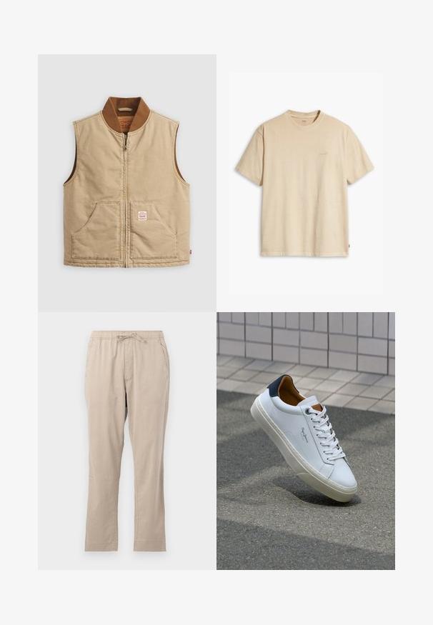 Beige ärmellose Zip-Weste mit braunem Rippkragen und zwei Fronttaschen, mit einem kleinen Patch-Label auf der rechten Tasche.; Beige Baumwoll-T-Shirt mit Rundhalsausschnitt und kurzen Ärmeln. Verfügt über ein dezentes "Levi's"-Logo in der gleichen Farbe auf der Brust. Weiche Textur.; Beige, leichte Hose mit elastischem Bund, Fronttaschen und Kordelzug. Glatte Textur und gerade Schnittform.; Weiße Ledersneaker mit navyfarbenem Fersenbereich, runder Zehenpartie und kontrastierenden braunen Akzenten. Verfügt über flache Schnürsenkel und eine strukturierte Gummisohle.