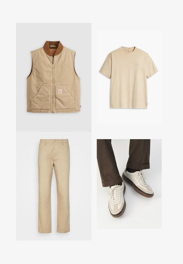 Bež prsluk bez rukava s raširenim zatvaračem, smešani ovratnik u smešnim tonovima i dva prednja džepa, s malom oznakom na desnom džepu.; Bež pamučna majica s okruglim izrezom i kratkim rukavima. Sadrži suptilan "Levi's" logo iste boje na prsima. Mekana tekstura.; Bež chinos hlače, ravnog kroja, od mješavine pamuka, s prednjim kopčanjem na gumb, petljama za remen i rubovima. Nema vidobnih uzoraka ili akcenta.; Bež tenisice s teksturiranom nubuk prednjom stranom, glatkim kožnim bočnim stranama i smešnim gumenim potplatom. Uključene su vezice i lagani detalji šivanja.