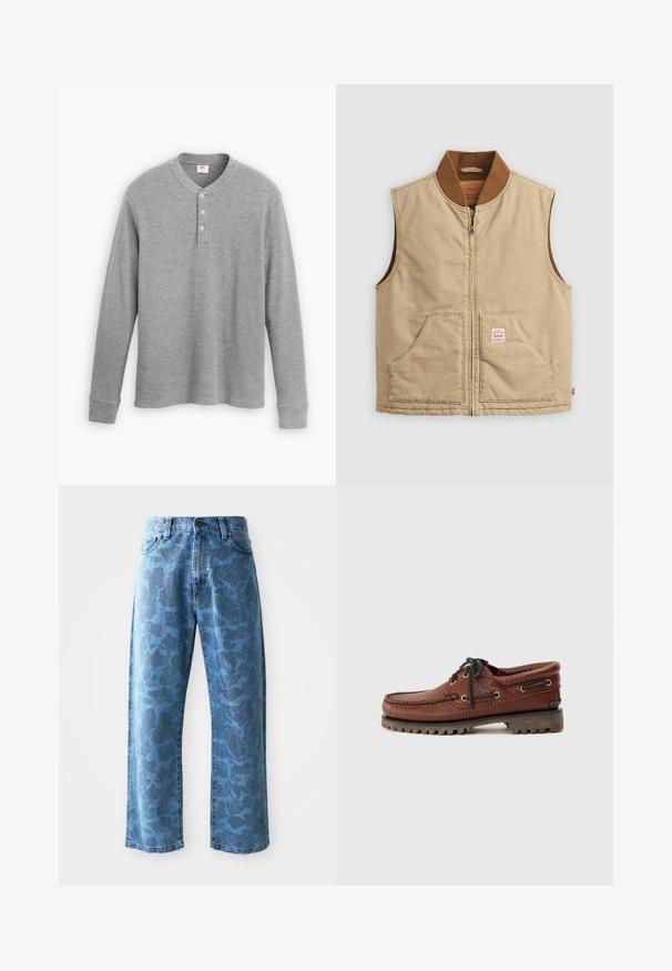 Colete sem mangas bege com fecho éclair, gola canelada castanha e dois bolsos frontais, apresentando um pequeno rótulo em patch no bolso direito.; Camisa henley de manga longa cinza, feita de tecido canelado, com uma pala de três botões e um decote redondo com uma forma ligeiramente ajustada.; Jeans de ganga azul claro com um discreto padrão floral tonal, corte largo, design de cinco bolsos e fecho por botão na cintura.; Sapatilha de barco em couro castanho com superior texturizado, fecho a cordão preto e ilhós dourados. Apresenta uma sola de borracha durável e estriada.