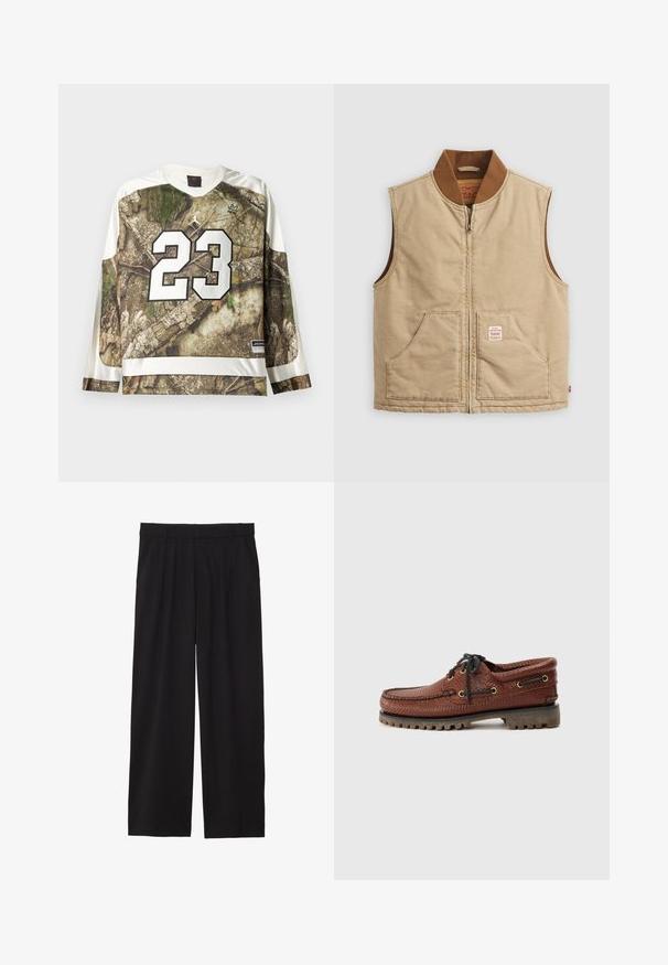 Bežs bez piedurknēm, ar rāvējslēdzēju aizverams veste ar brūnu ribotu apkakli un divām priekšējām kabatām, kurā ir neliels uzlīmes logotips labajā kabatā.; Garās piedurknes sporta krekls ar kamuflāžas rakstu, baltiem ielāpiem, lielu numuru 23 baltā krāsā un Jordan zīmola logo uz krūšu un apakšmalas.; Melni platbagāžnieki ar plecu priekšpusi, sānu kabatām un gludu auduma tekstūru. Izstrādāti brīvai piegulšanai.; Brūnas ādas laivu kurpes ar teksturētu virsotni, melnas auklas aizdare un zelta acs. Iespējo durabilu, rievotu gumijas zoli.